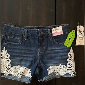 Vanilla Star Dark Blue Jean Shorts with Cream Lace